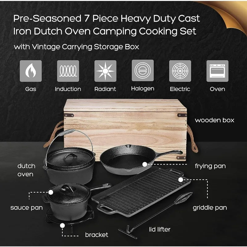 Camping Cooking Set Of 7. Cast Iron Pots And Pans Dutch Oven With Lids