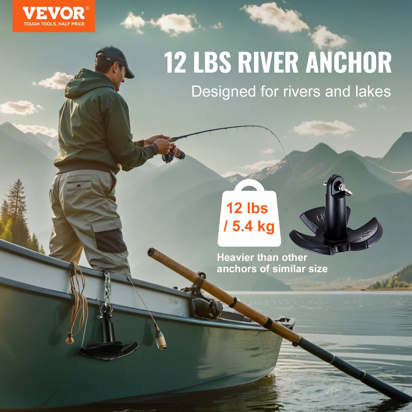 12 LBS Boat Anchor Cast Iron Black Vinyl-Coated with Shackle, Marine Grade Mushroom Anchor
