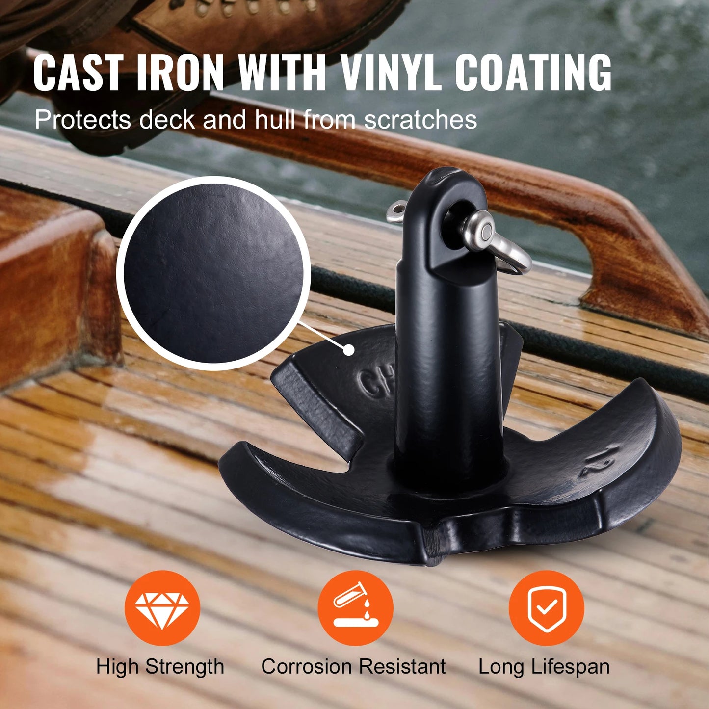 12 LBS Boat Anchor Cast Iron Black Vinyl-Coated with Shackle, Marine Grade Mushroom Anchor
