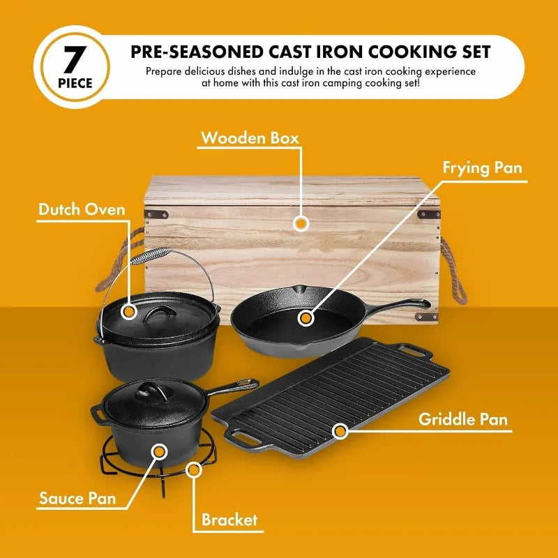 Camping Cooking Set Of 7. Cast Iron Pots And Pans Dutch Oven With Lids