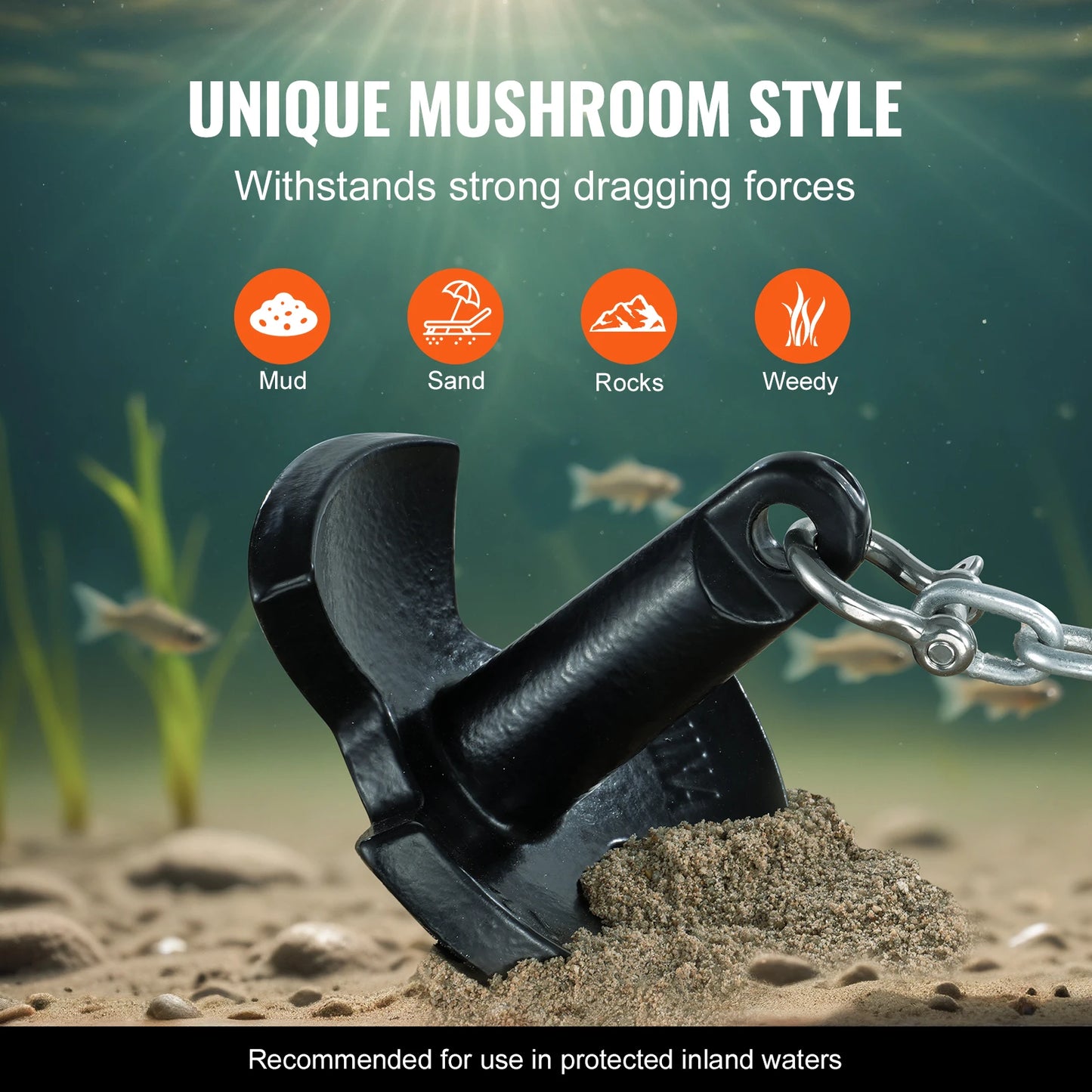 12 LBS Boat Anchor Cast Iron Black Vinyl-Coated with Shackle, Marine Grade Mushroom Anchor