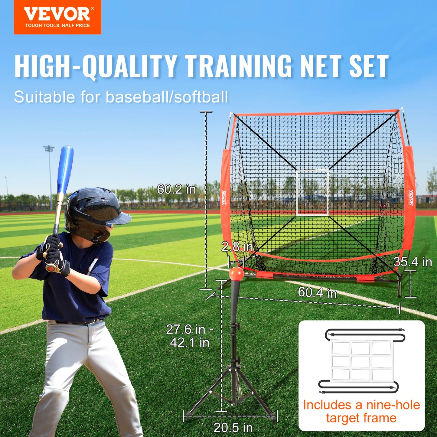 Portable 5x5ft Baseball Softball Practice Net with Bow Frame Carry Bag Strike Zone