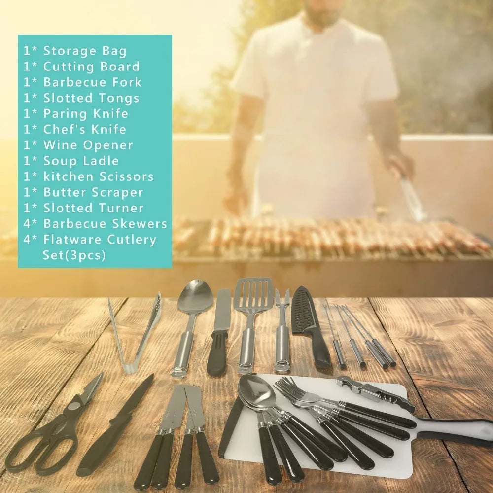 Camping Kitchen Utensil Set, 27-Piece Stainless Steel and Organizer