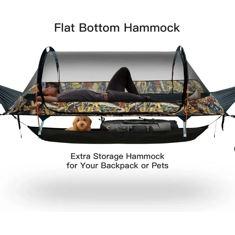 Flat Lay Hammock Tent with Mosquito Net Waterproof Rainfly Storage Room