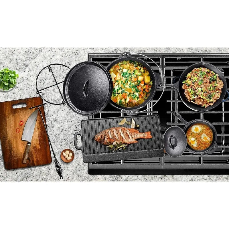 Camping Cooking Set Of 7. Cast Iron Pots And Pans Dutch Oven With Lids