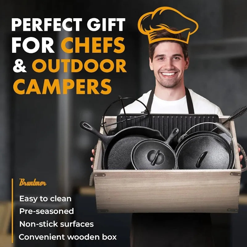 Camping Cooking Set Of 7. Cast Iron Pots And Pans Dutch Oven With Lids