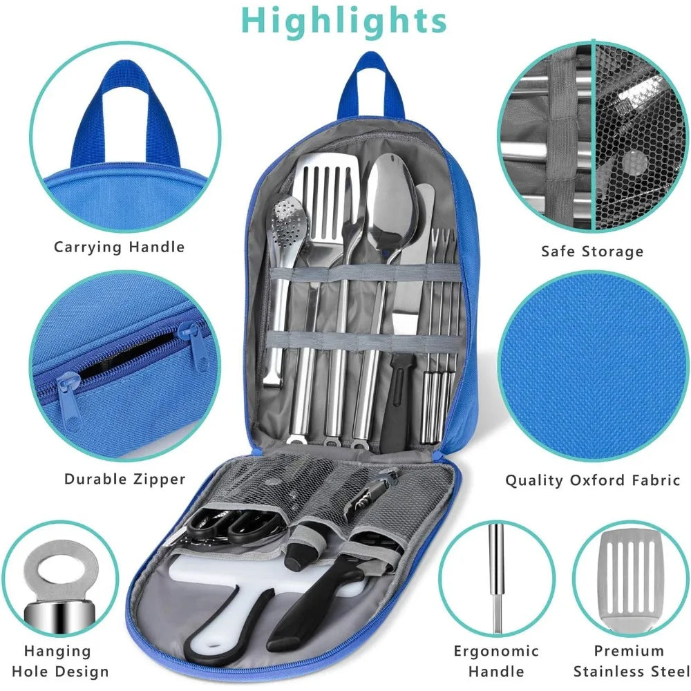 Camping Kitchen Utensil Set, 27-Piece Stainless Steel and Organizer