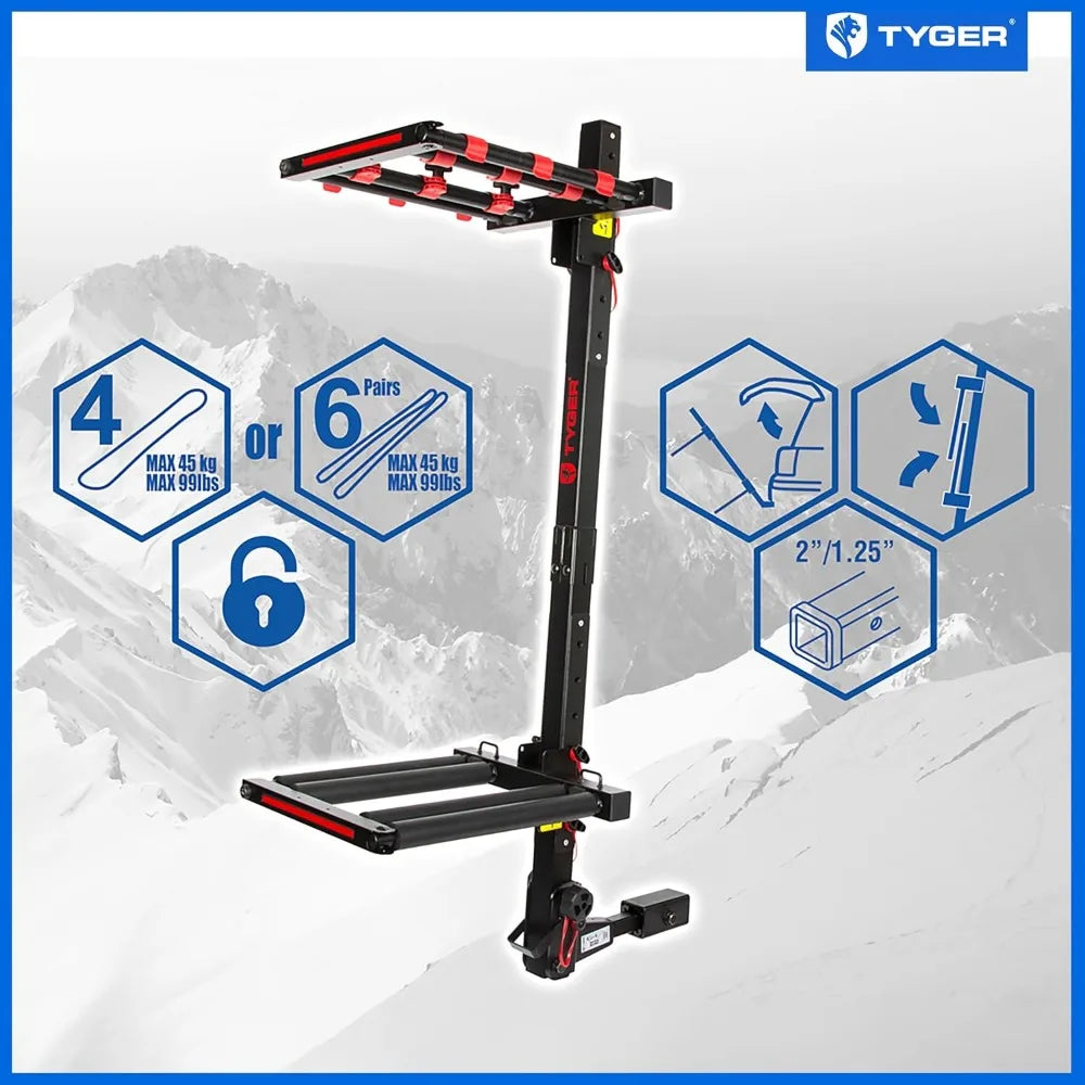 Ski/Snowboard Rack Fits 2" or 1.25" Receiver Carries 6 Pair Skis or 4 Snowboards | Key Lock | Security Strap |
