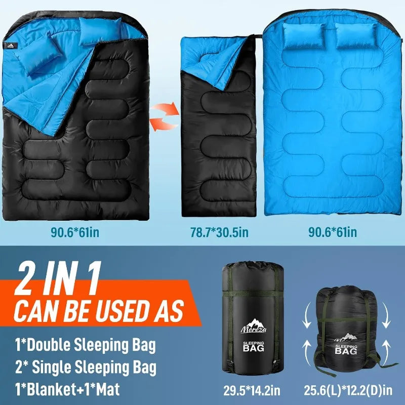 Double Sleeping Bag with Pillow, XL Queen Size / All Season