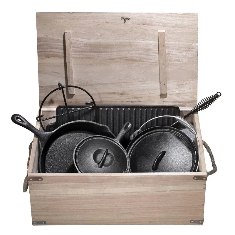 Camping Cooking Set Of 7. Cast Iron Pots And Pans Dutch Oven With Lids