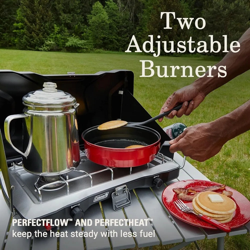 Portable 2-Burner Propane Camping Stove, Push-Button Instant Ignition