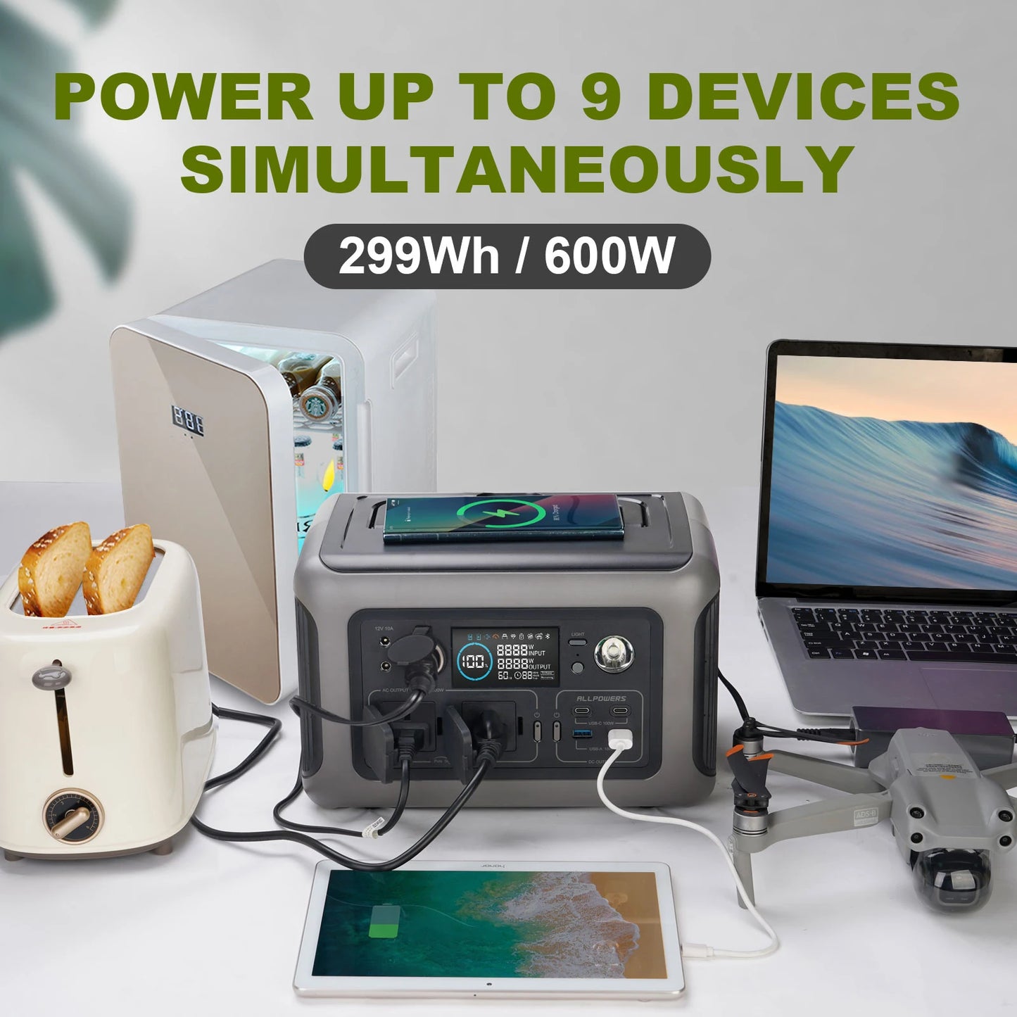 Portable Power Station, 299Wh  Battery with 2x 600W (1200W Surge) AC Outlets