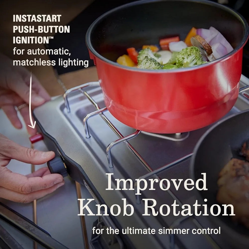 Portable 2-Burner Propane Camping Stove, Push-Button Instant Ignition