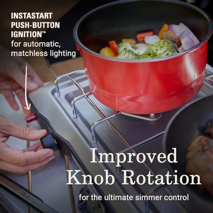 Portable 2-Burner Propane Camping Stove, Push-Button Instant Ignition