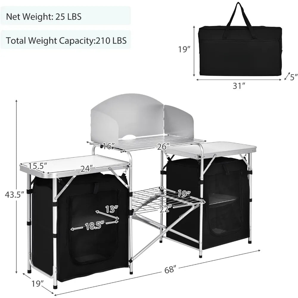 Folding Camping Kitchen Table with Storage, Aluminum Portable/ Windscreen,