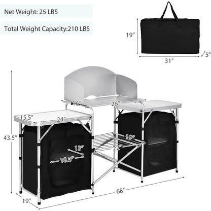 Folding Camping Kitchen Table with Storage, Aluminum Portable/ Windscreen,