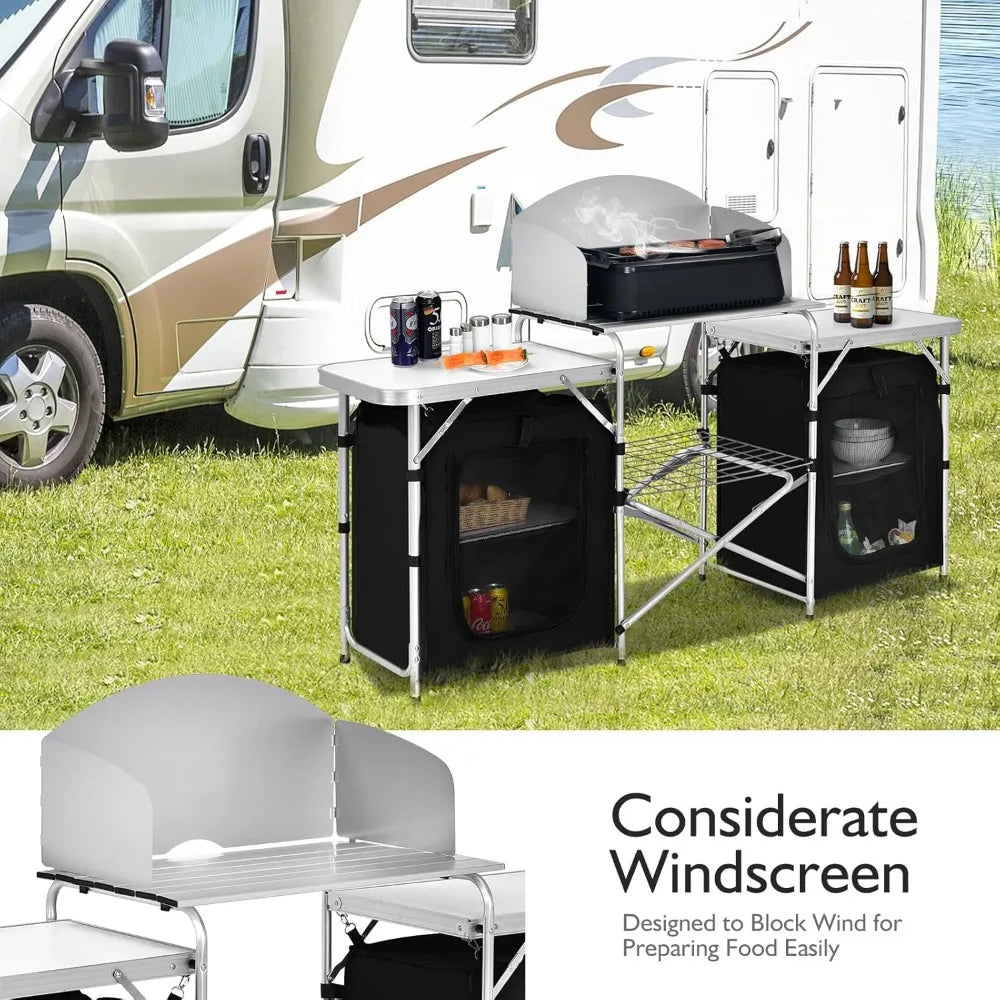 Folding Camping Kitchen Table with Storage, Aluminum Portable/ Windscreen,