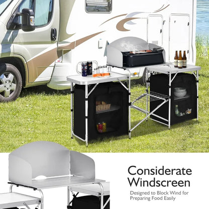 Folding Camping Kitchen Table with Storage, Aluminum Portable/ Windscreen,