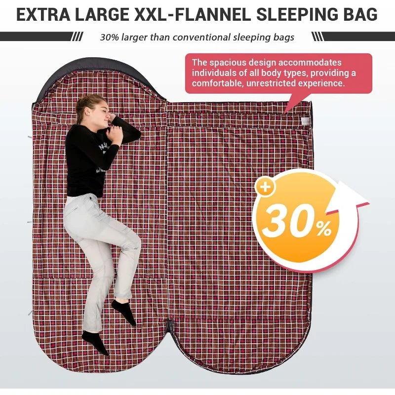 Sleeping Bag , Extra Wide/ Flannel Warm & Cold Weather, Big and Tall,