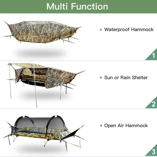 Flat Lay Hammock Tent with Mosquito Net Waterproof Rainfly Storage Room