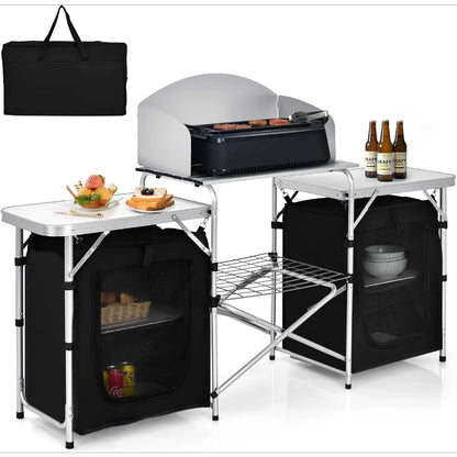 Folding Camping Kitchen Table with Storage, Aluminum Portable/ Windscreen,