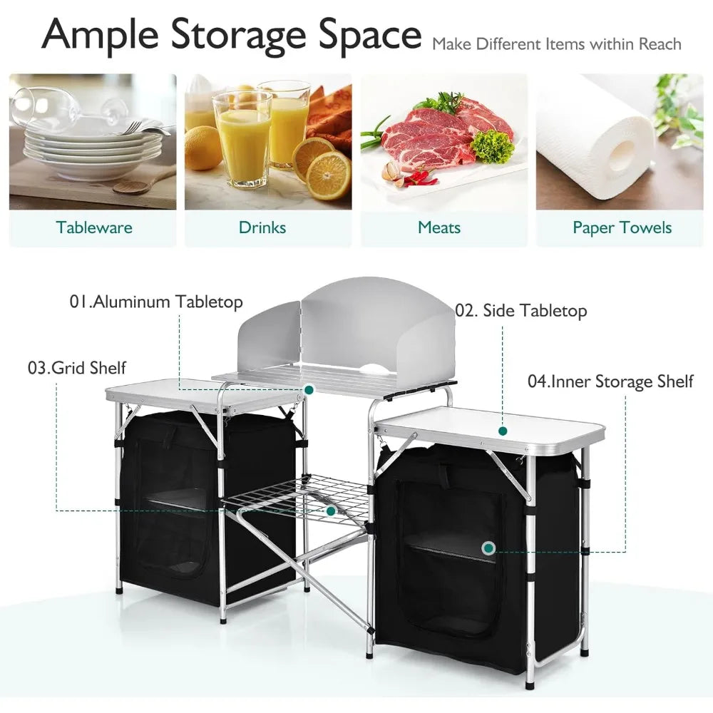 Folding Camping Kitchen Table with Storage, Aluminum Portable/ Windscreen,