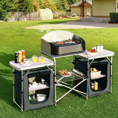 Folding Camping Kitchen Table with Storage, Aluminum Portable/ Windscreen,