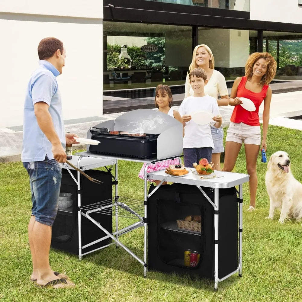 Folding Camping Kitchen Table with Storage, Aluminum Portable/ Windscreen,